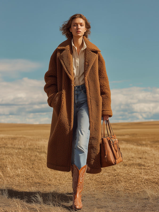 Veste Longue en Sherpa avec Col Oversized - Style Rétro Classique en Couleur Unie