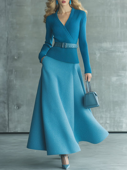 Ensemble Élégant en Tricot : Jupe Bleue et Pull Luxe au Style Vintage Argenté