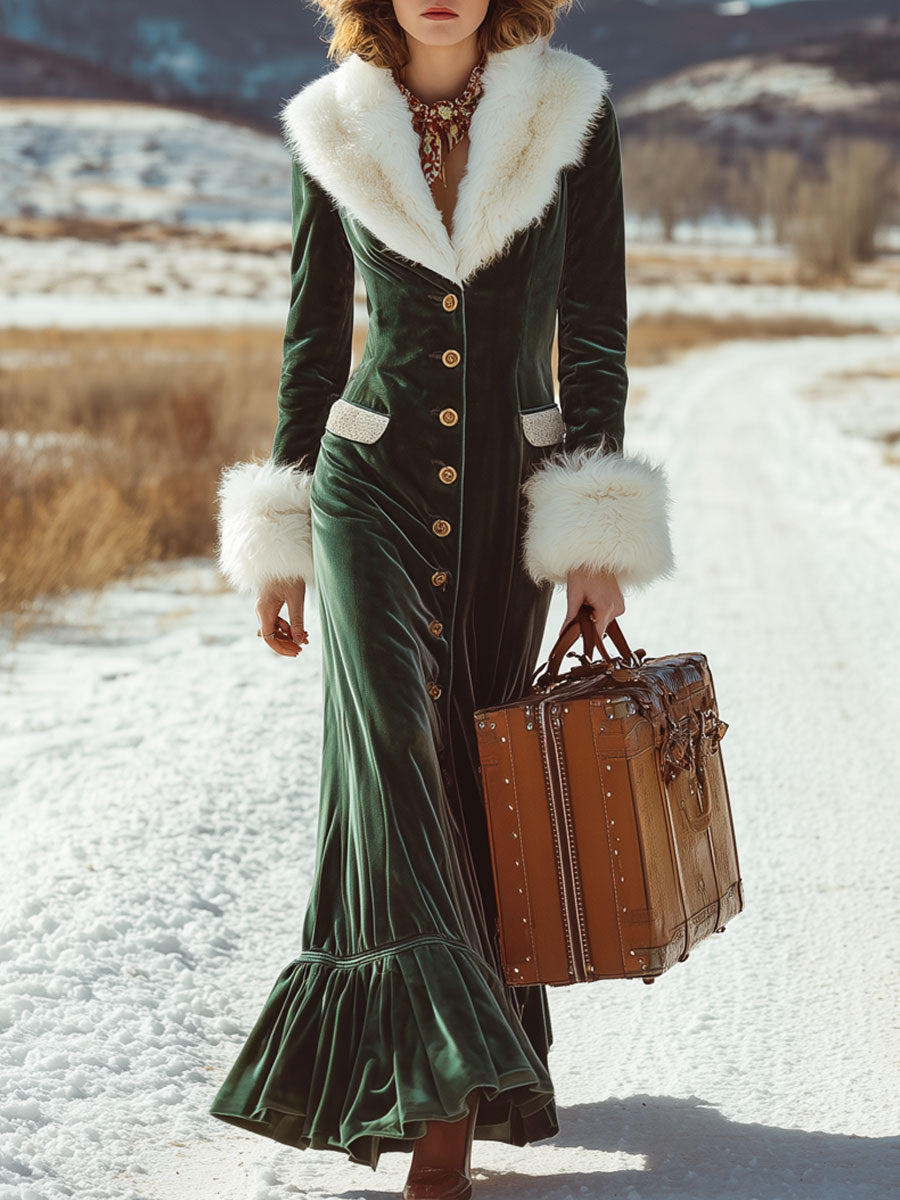 Robe Maxi Vintage en Velours Vert Émeraude avec Col en Fourrure Synthétique et Détails Volants