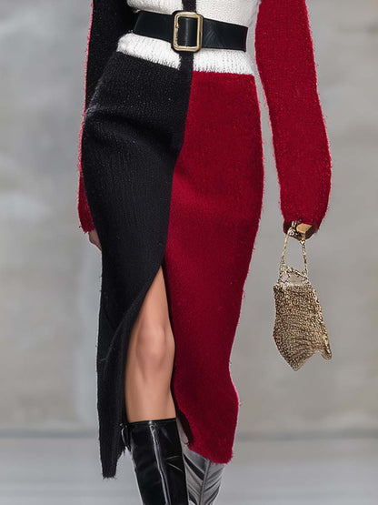 Robe Midi Tricotée à Fente - V-Cou Élégant en Blanc, Noir et Rouge Contrasté