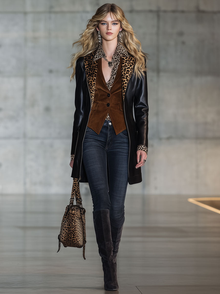 Veste en PU Noir avec Fermeture Éclair et Revers en Velours Léopard Vintage