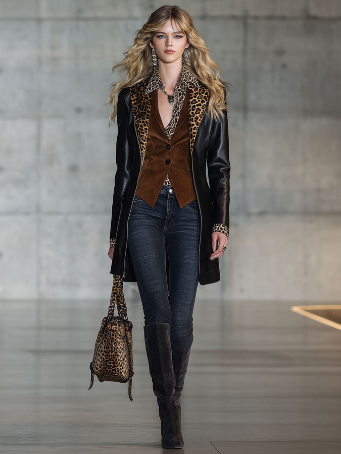 Veste en PU Noir avec Fermeture Éclair et Revers en Velours Léopard Vintage