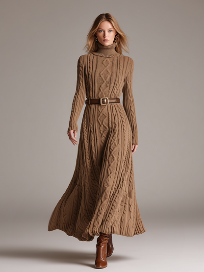 Robe Maxi Vintage en Maille à Col Roulé Long