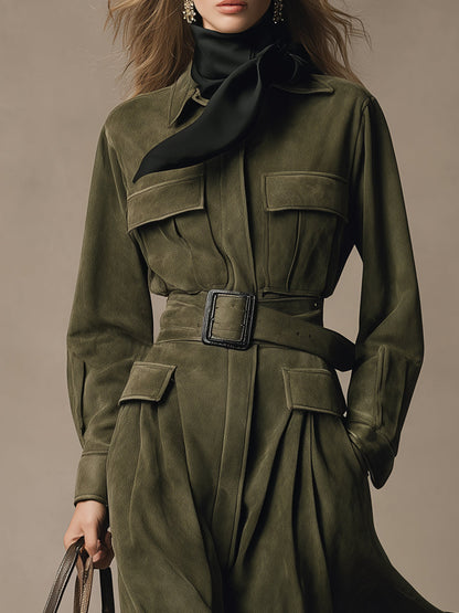 Robe Midi en Suédine Verte au Charme Western Rétro