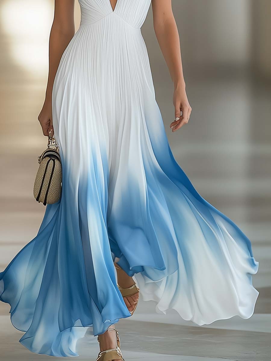 Robe Maxi Élégante en Chiffon Plissé Bleu Dégradé et Blanc – Décolleté en V, Expédition Rapide sous 24 Heures