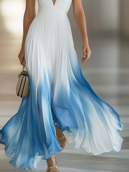 Robe Maxi Élégante en Chiffon Plissé Bleu Dégradé et Blanc – Décolleté en V, Expédition Rapide sous 24 Heures