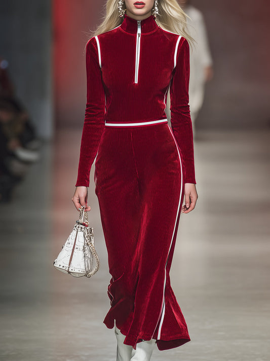 Robe Midi Rouge en Velours Côtelé avec Col Haut et Demi-Fermeture Éclair