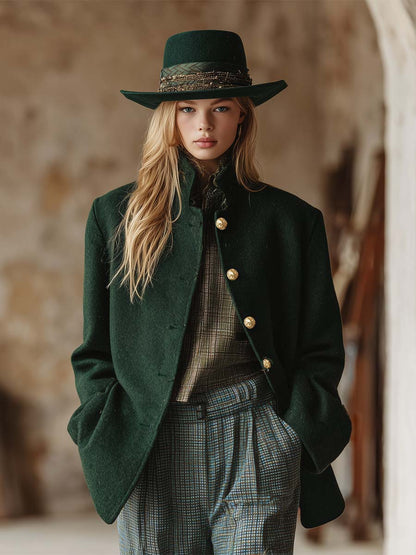 Veste en laine verte rétro à col montant