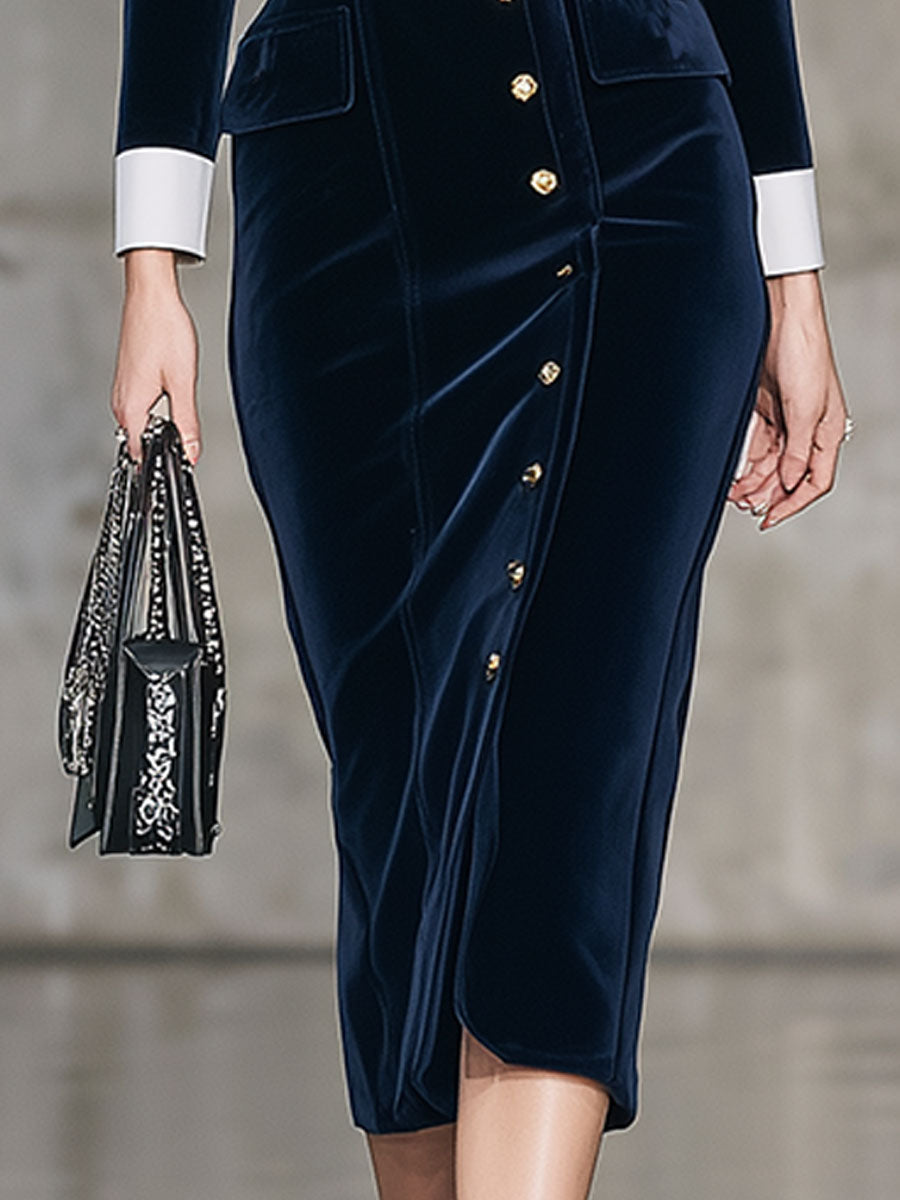 Robe Midi en Velours Bleu Élégante au Style Rétro avec Détails Contrastés et Col Classique