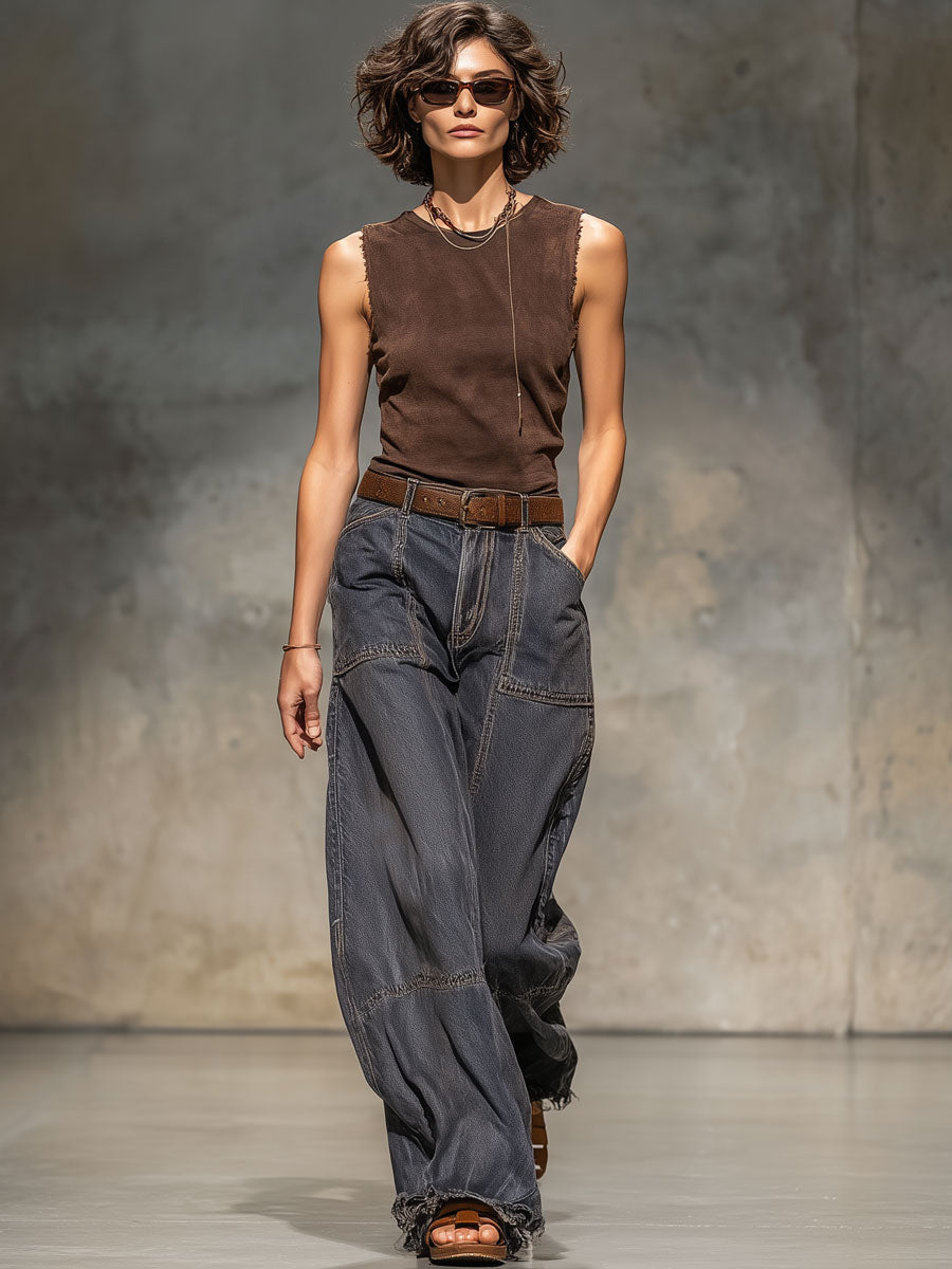 Expédition rapide : Jeans larges en denim vintage gris foncé avec bords bruts