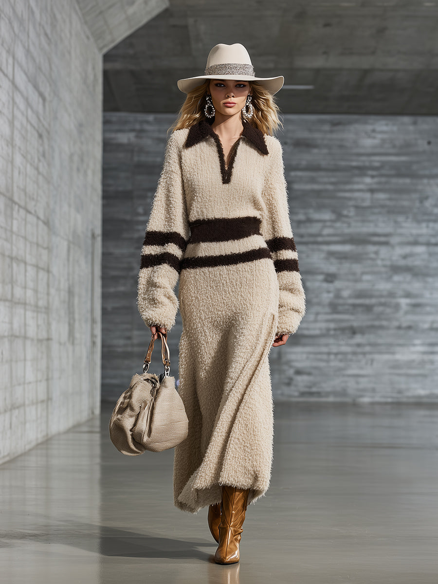 Robe Maxi en Fleece Corail avec Col Contrasté – Élégance Luxe