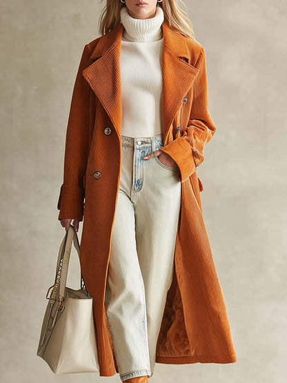 Veste mi-longue en velours côtelé orange, doublée en polaire chic et chaleureuse