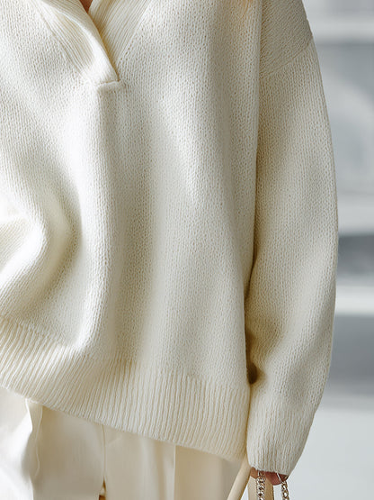 Pull en Tricot Blanc à Col Revers Élégant et Tendance