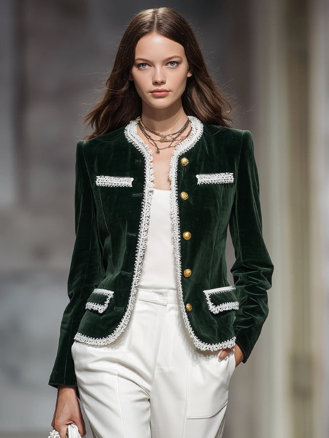 Veste en Velours Élégante à Col Ronde, Boutonnage Pratique et Poches Multiples