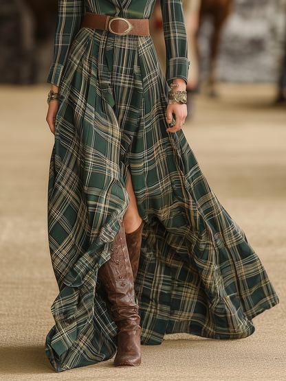 Robe Maxi Rétro à Carreaux Western avec Manches Longues