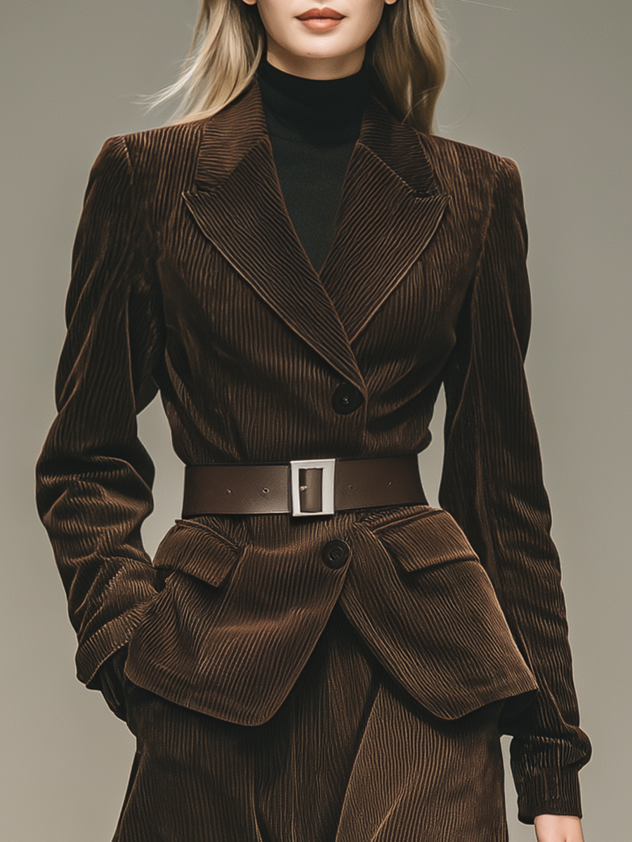 Ensemble Élégant en Velours Côtelé : Blazer et Jupe au Style Western Vintage