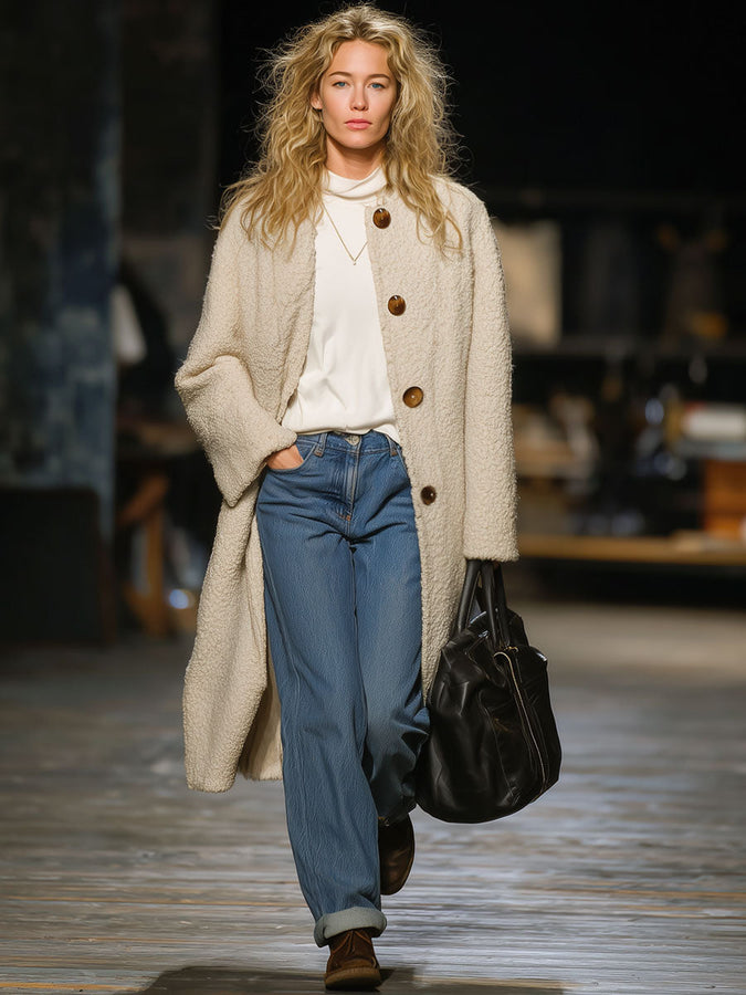 Veste en polaire beige rétro au style décontracté