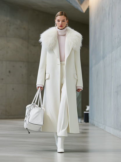 Longue Manteau Écologique en Laine avec Col Blanc Élégant