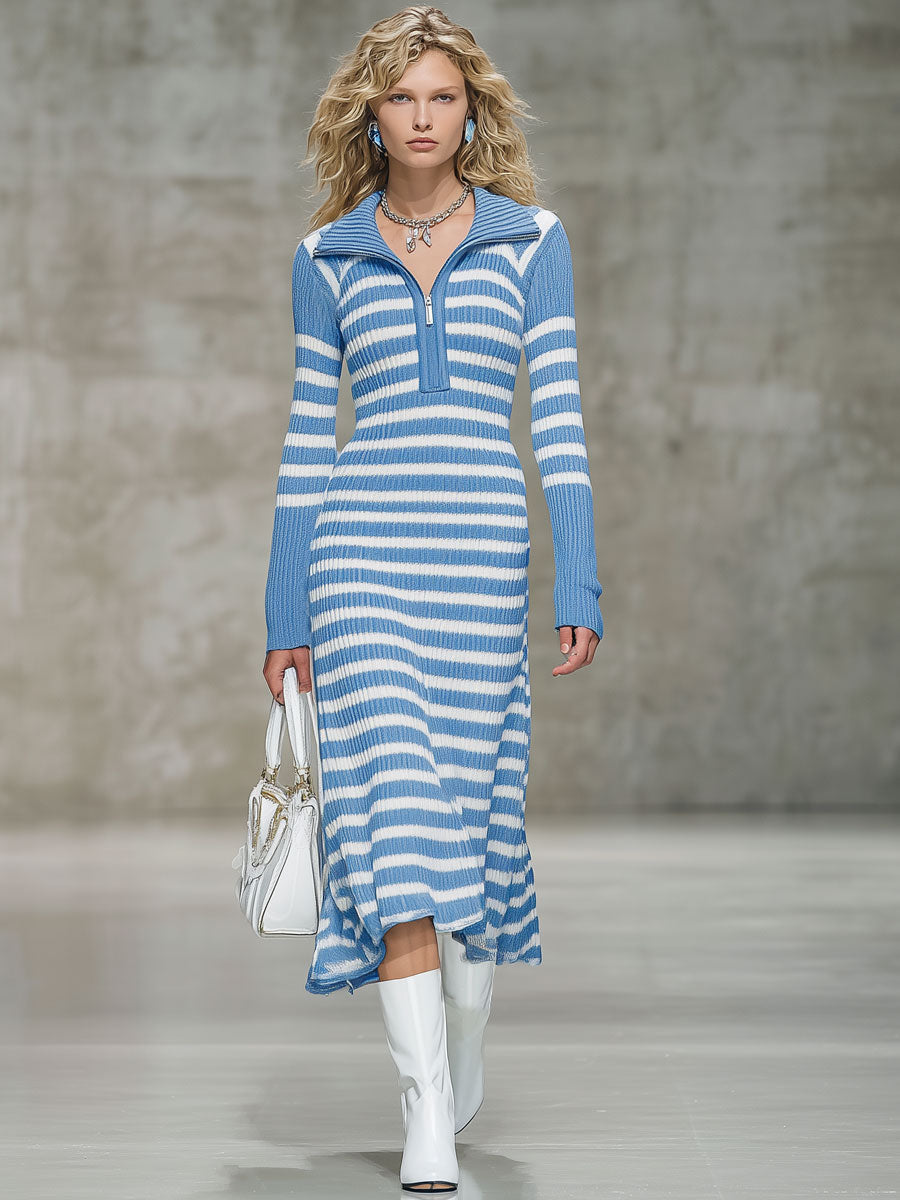 Robe Midi Tricotée à Rayures Bleues et Blanches avec Demi-Fermeture Éclair