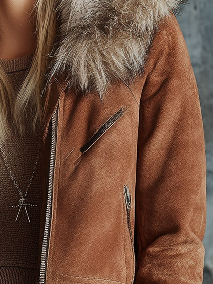 Veste Zippée en Suédine Marron avec Douce Finition en Peluche Vintage