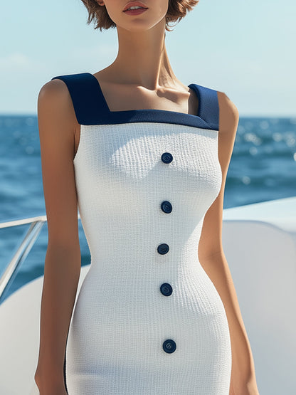 Robe Midi Tricotée Blanche à Col Carré Marine - Parfaite pour vos Vacances d'Été, Expédition en 24 Heures!