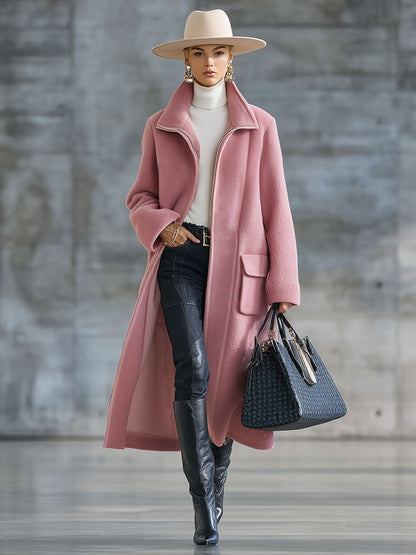 Veste Longue en Polaire Rose Rétro avec Zip – Style Décontracté