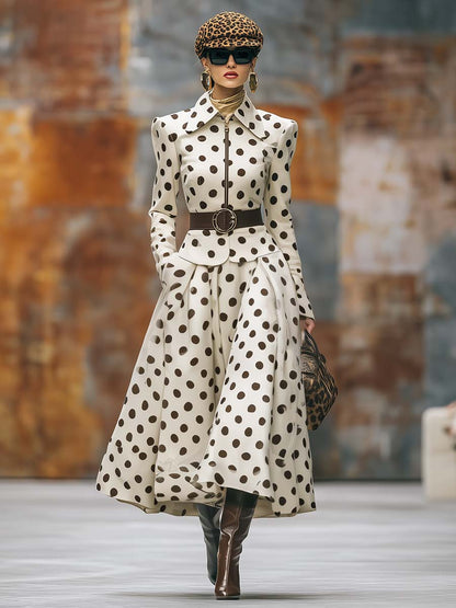 Veste Vintage à Pois Bruns avec Col Crème et Jupe Évasée à Ourlet