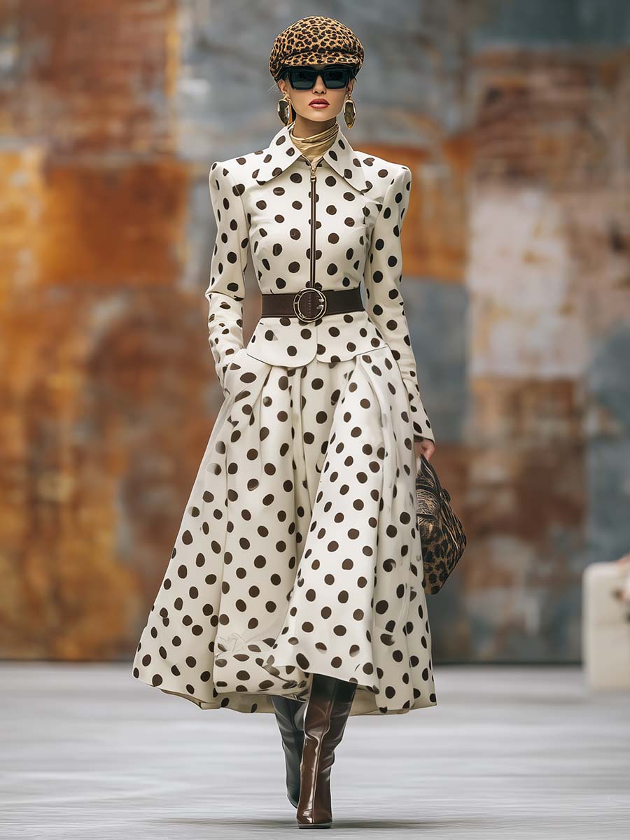 Veste Vintage à Pois Bruns avec Fermeture Éclair et Jupe à Ourlet Décontracté