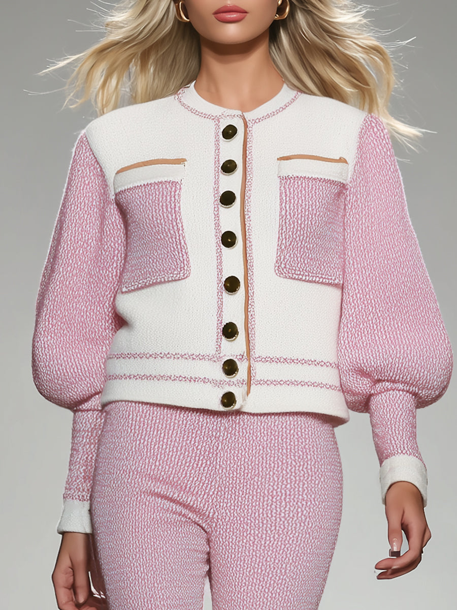 Ensemble Élégant en Tricot : Veste et Pantalon Contrastés Blanc et Rose