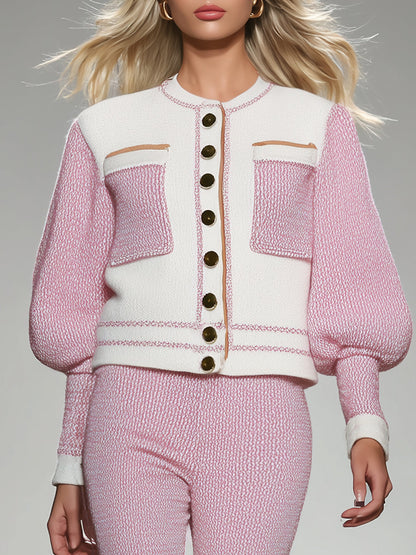 Ensemble Élégant en Tricot Blanc et Rose : Veste et Pantalon Chic et Tendance