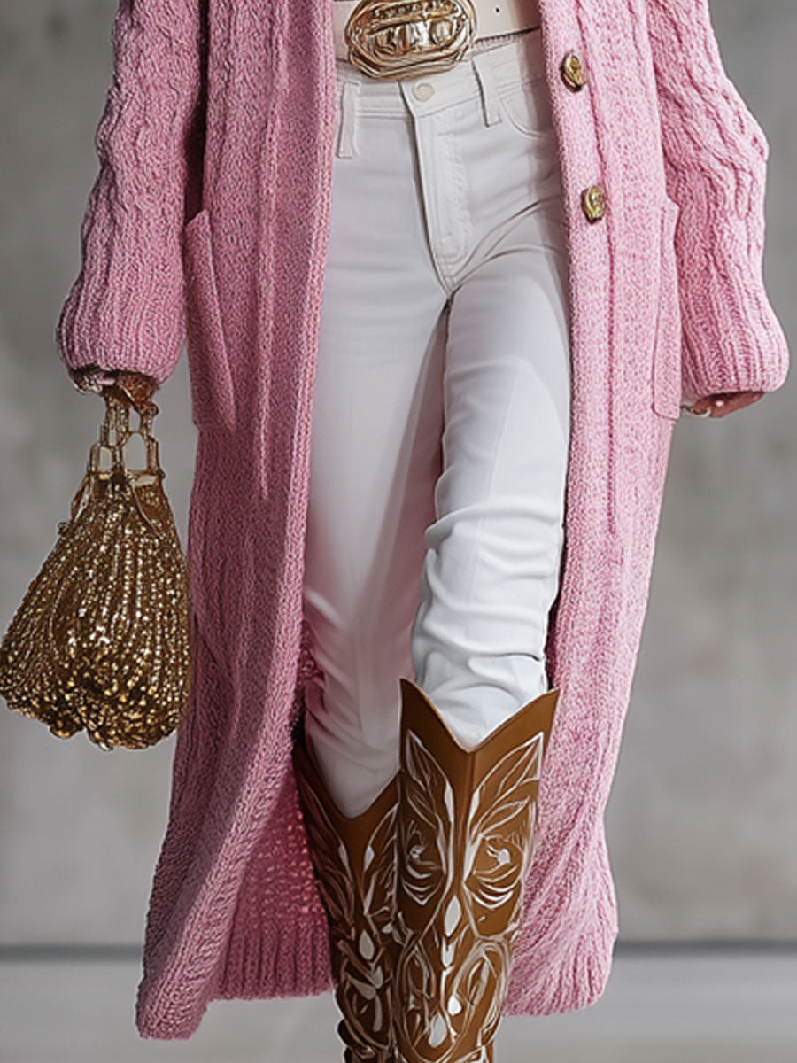 Cardigan Tricoté Élégant avec Col Rose, Boutonnage Pratique et Poches Doubles