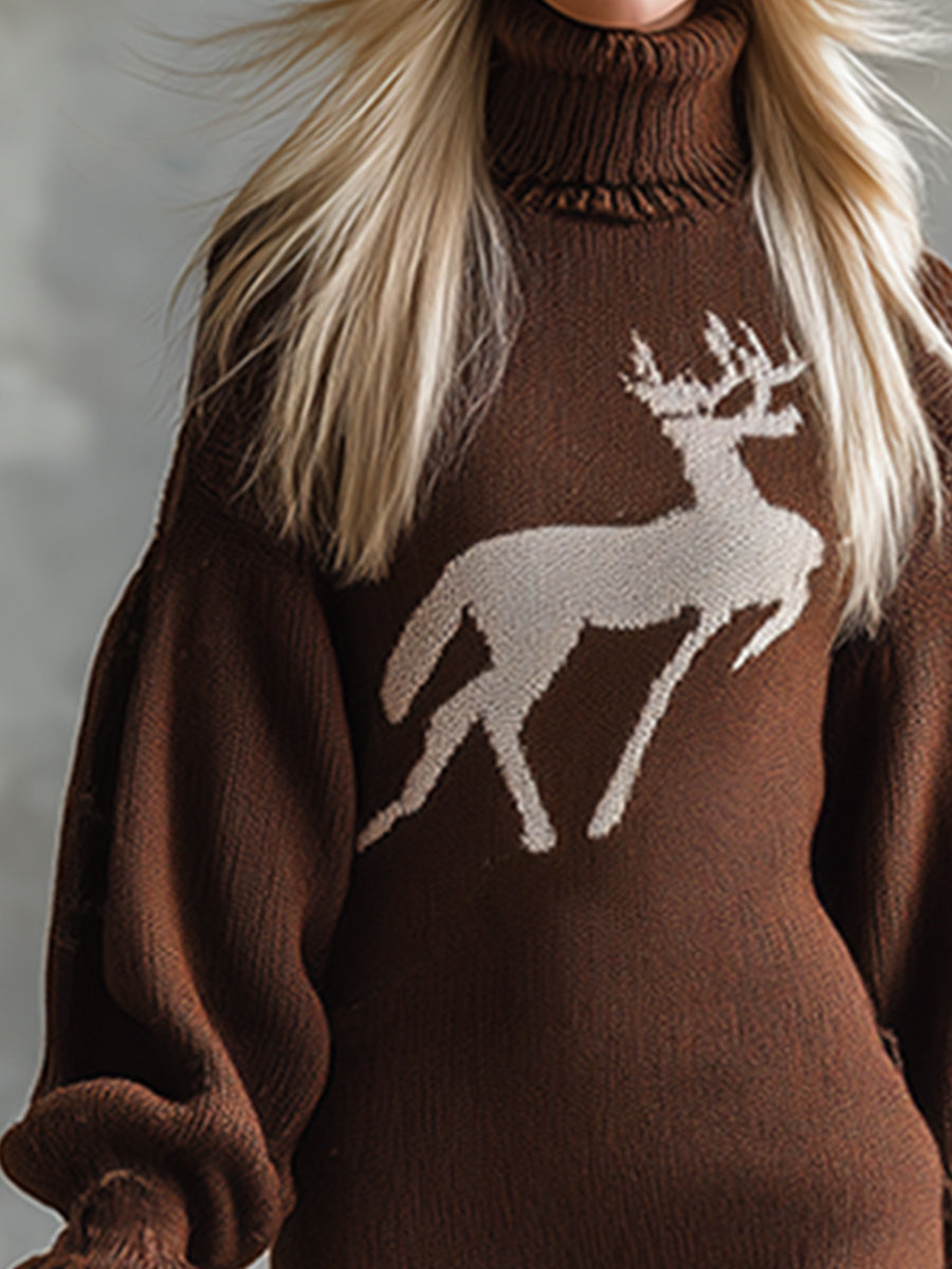 Robe Midi Tricotée Marron à Col Montant avec Élégant Motif de Cerf de Noël Vintage