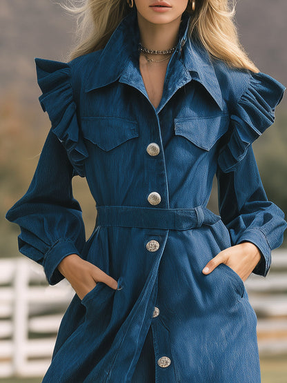 Trench Long en Denim Rembourré au Style Western Chic