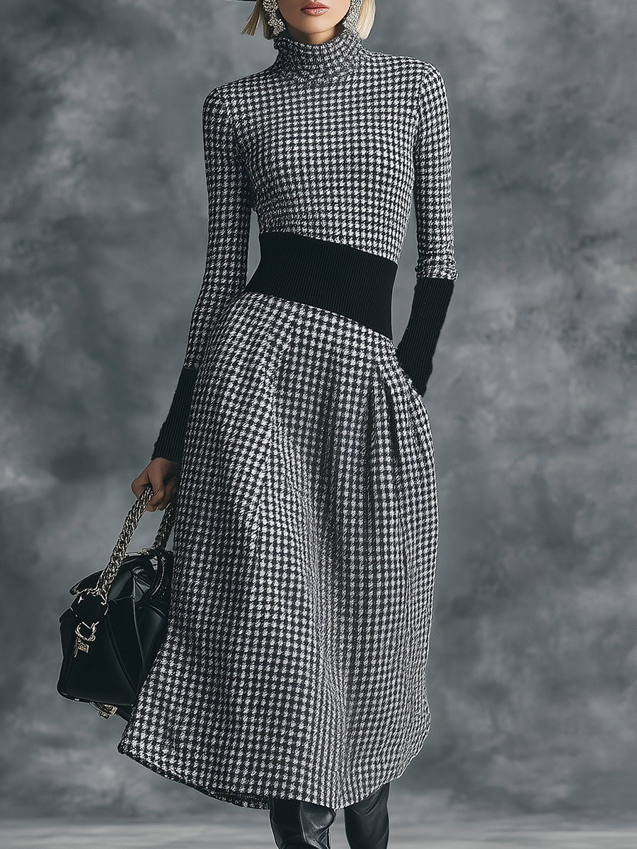 Robe Midi Houndstooth Chic à Col Montant Élégant