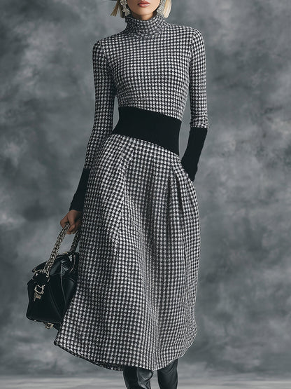 Robe Midi Houndstooth Chic à Col Montant Élégant