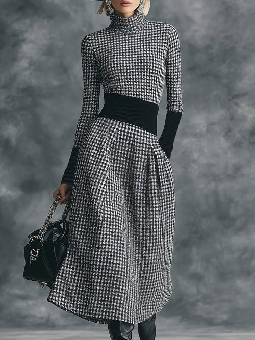 Robe Midi Houndstooth Chic à Col Montant Élégant
