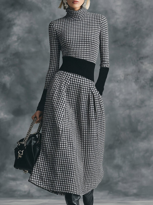 Robe Midi Houndstooth Chic à Col Montant Élégant