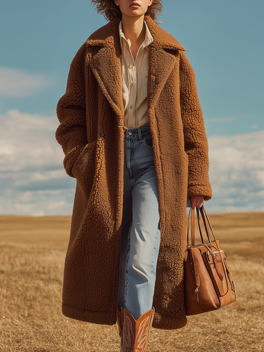 Veste Longue Oversized en Sherpa à Revers - Élégance Rétro Unie