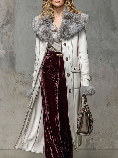 Veste Longue en Simili Cuir Blanc avec Col en Fourrure Synthétique au Style Rétro