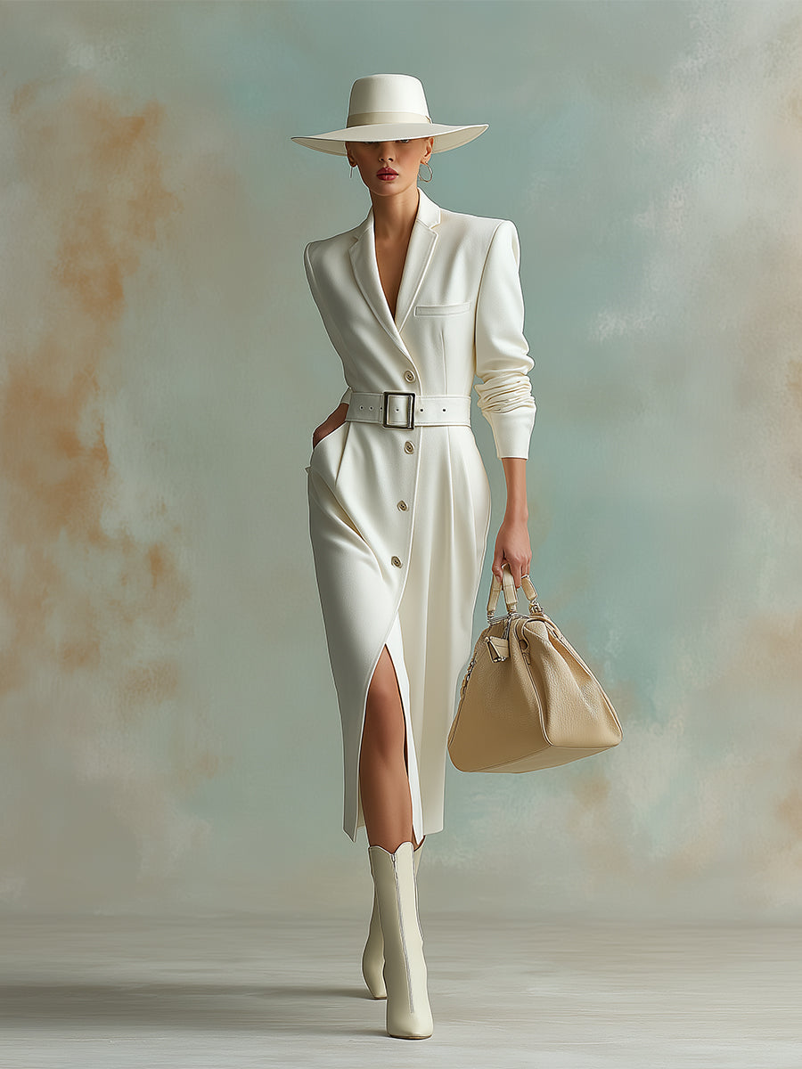 Robe Midi Blanche en Laine avec Épaules Structurées et Détails Élégants