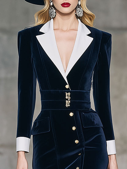Robe Midi en Velours Bleu Élégante au Style Rétro avec Détails Contrastés et Col Classique