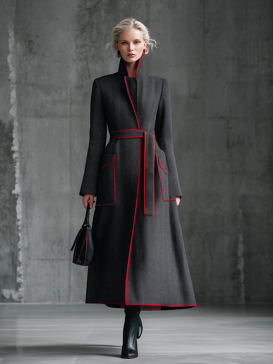 Chic Manteau en Laine Gris à Chevrons avec Détails Rouges Élégants