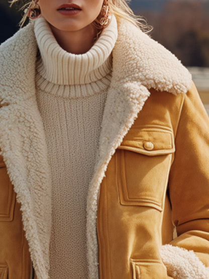 Veste Vintage Western en Suédine Jaune à Multi-Poches, Doublée en Polaire