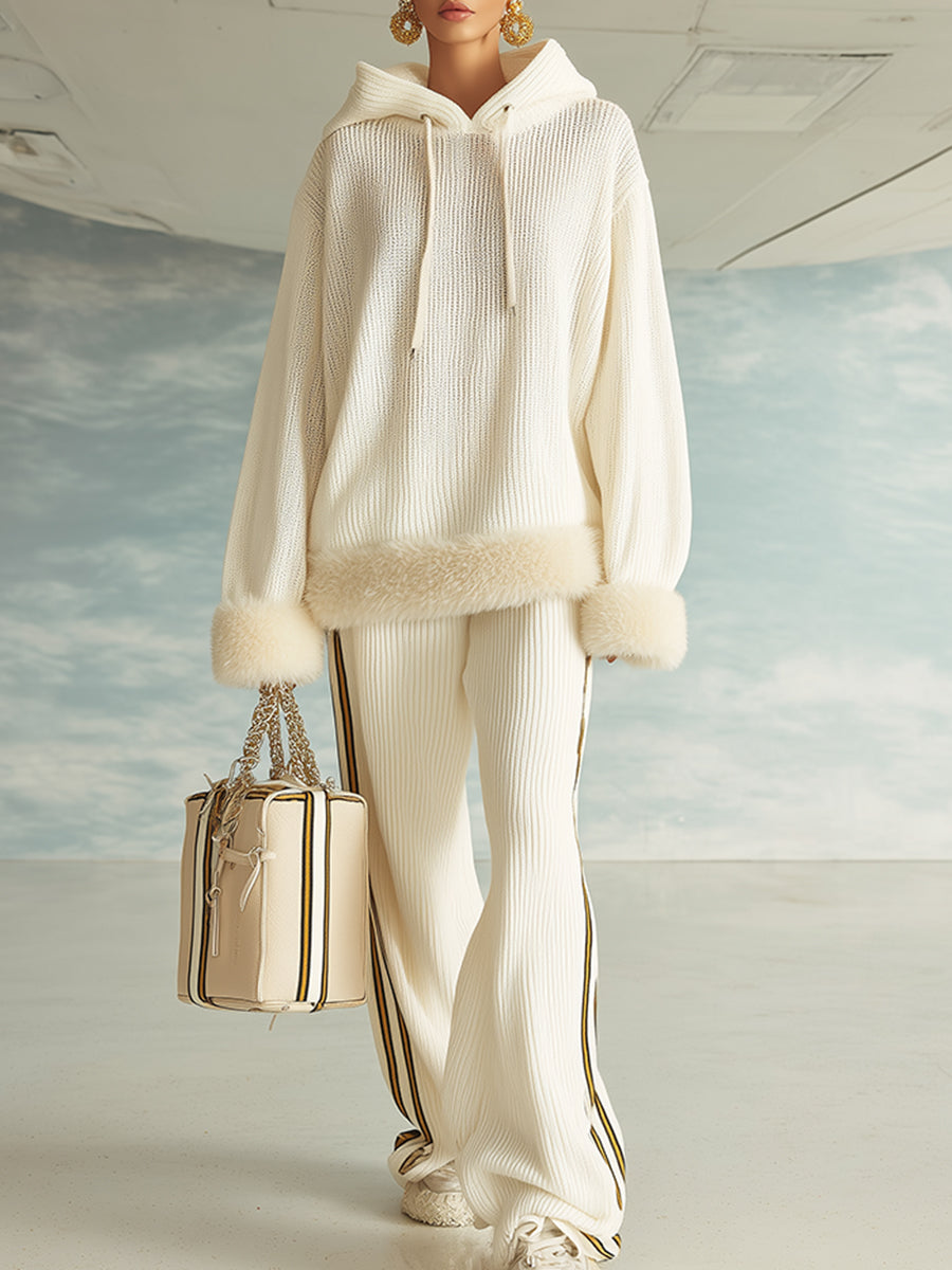Ensemble Chic en Tricot Crème avec Capuche en Fourrure et Pantalon à Jambes Larges