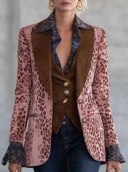 Veste en Velours Rose à Imprimé Léopard - Chic Rétro Urbain avec Revers Marron