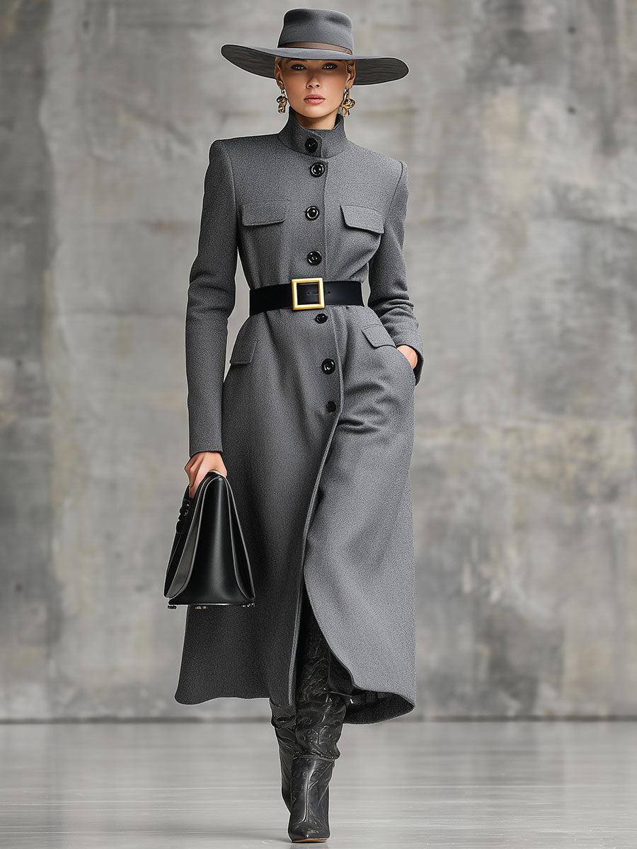 Chic Mi-Long en Laine Grise avec Boutons - Élégance Assurée