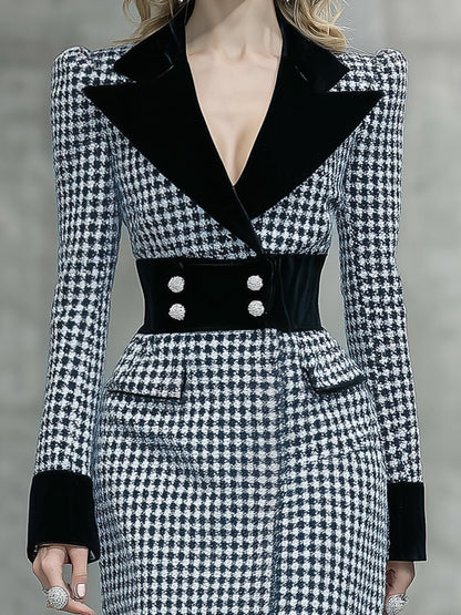 Élégante Robe Midi Houndstooth avec Col en Velours Noir - Un Incontournable Tendance