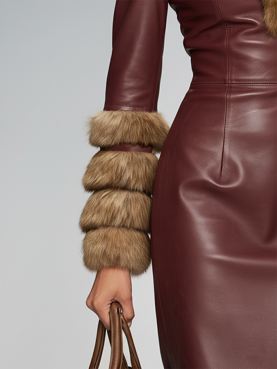 Robe Midi Chic en Simili Cuir avec Col en Fausse Fourrure - Élégance Urbaine Rétro