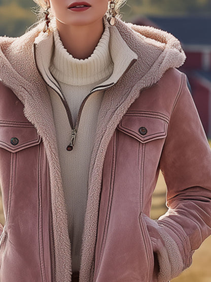Veste à Capuche en Suédine Rose Vintage Style Western, Doublée en Fleece