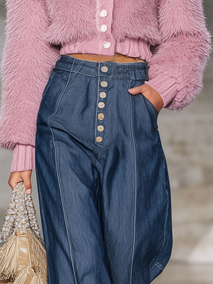 Jean Vintage Évasé avec Franges en Denim Bleu Foncé